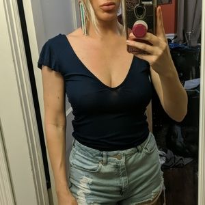 Navy blue flutter sleeve top